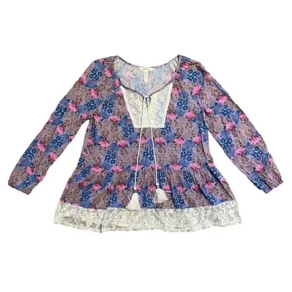 LIKE NEW MATILDA JANE MULTICOLOR FLORAL AND LACEY BLOUSE SIZE WOMEN’S MEDIUM - Picture 2 of 11